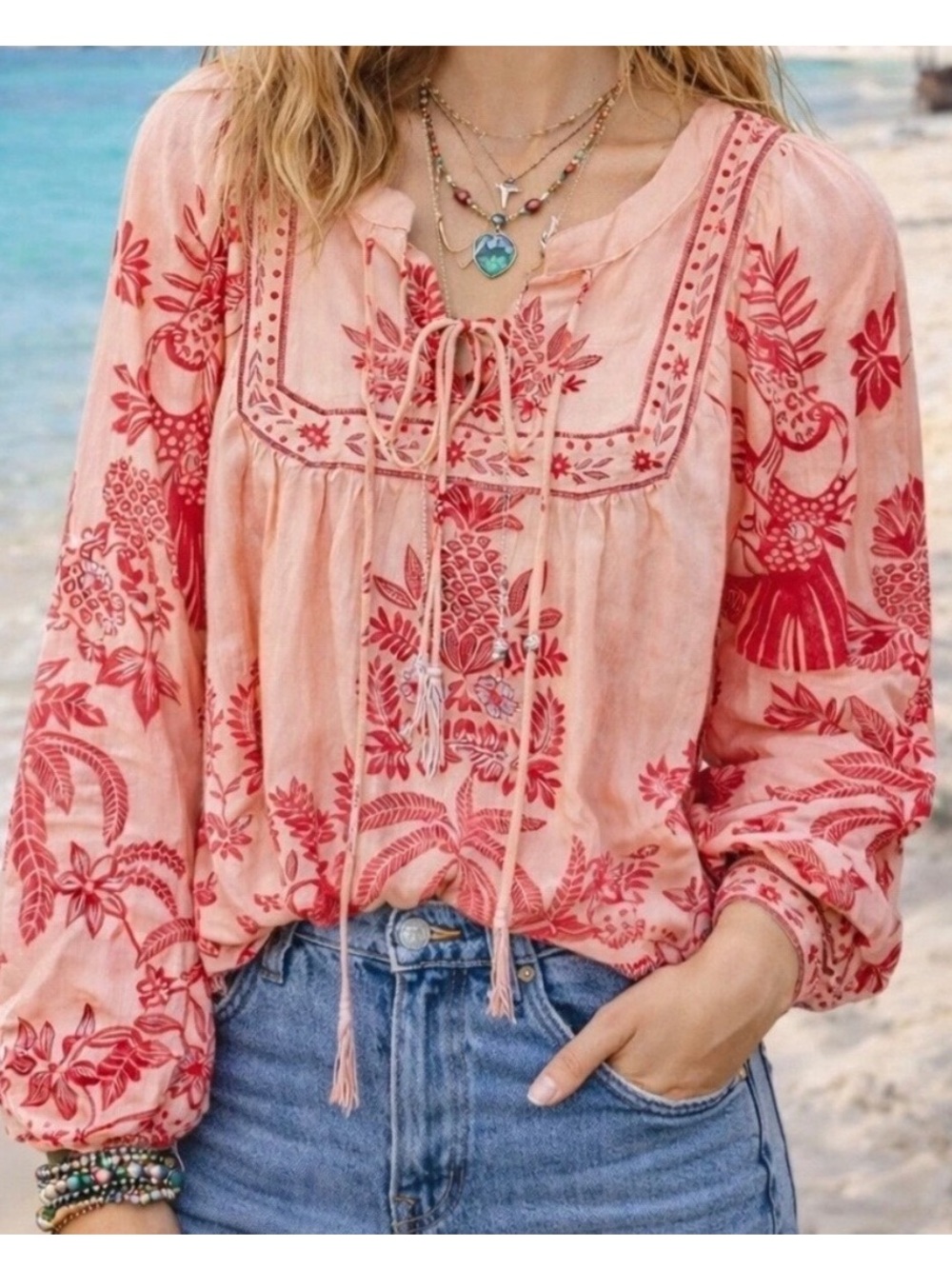 Calypso St. Barth Tropical Peasant Top Blouse Pink L Beaded Tassels (Farm Rio)